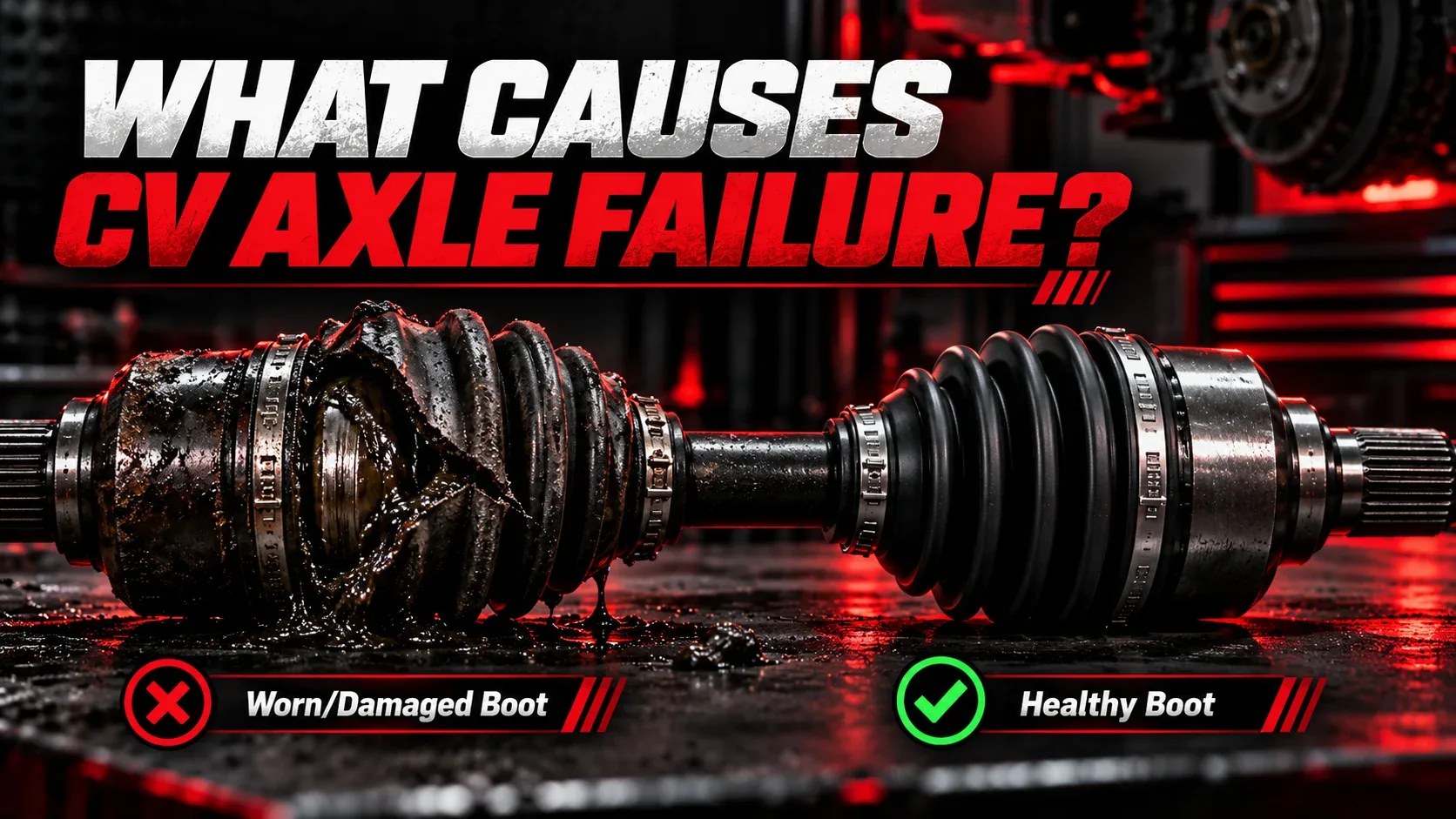 CV axle failure causes with damaged versus healthy CV joint boots