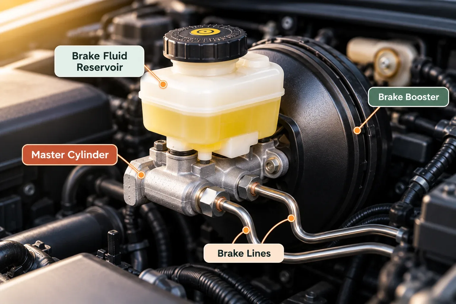 Brake master cylinder fluid reservoir brake booster and hydraulic lines