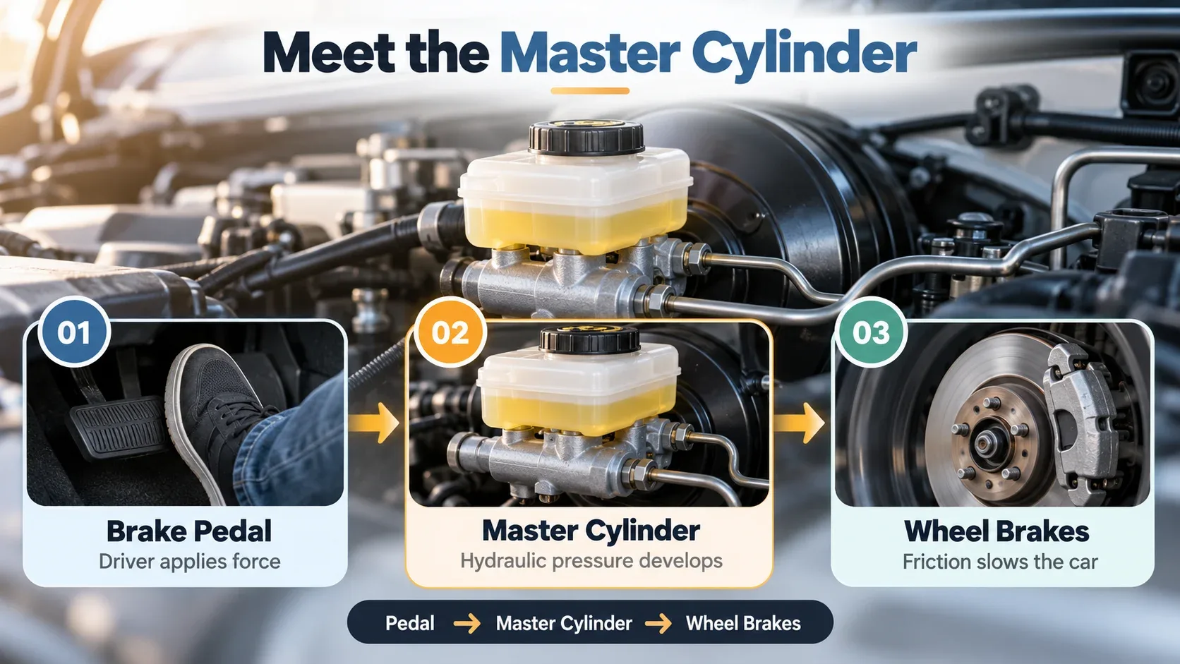 Brake pedal force transferred through master cylinder to wheel brakes