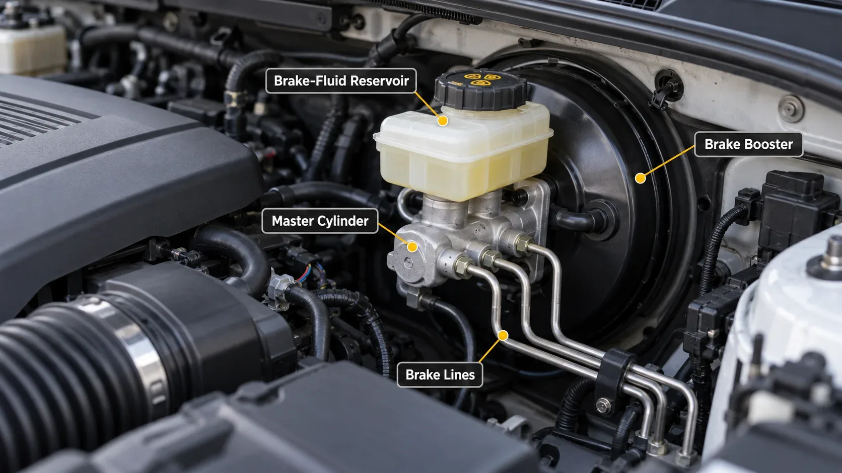Master cylinder location showing brake booster fluid reservoir and hydraulic lines