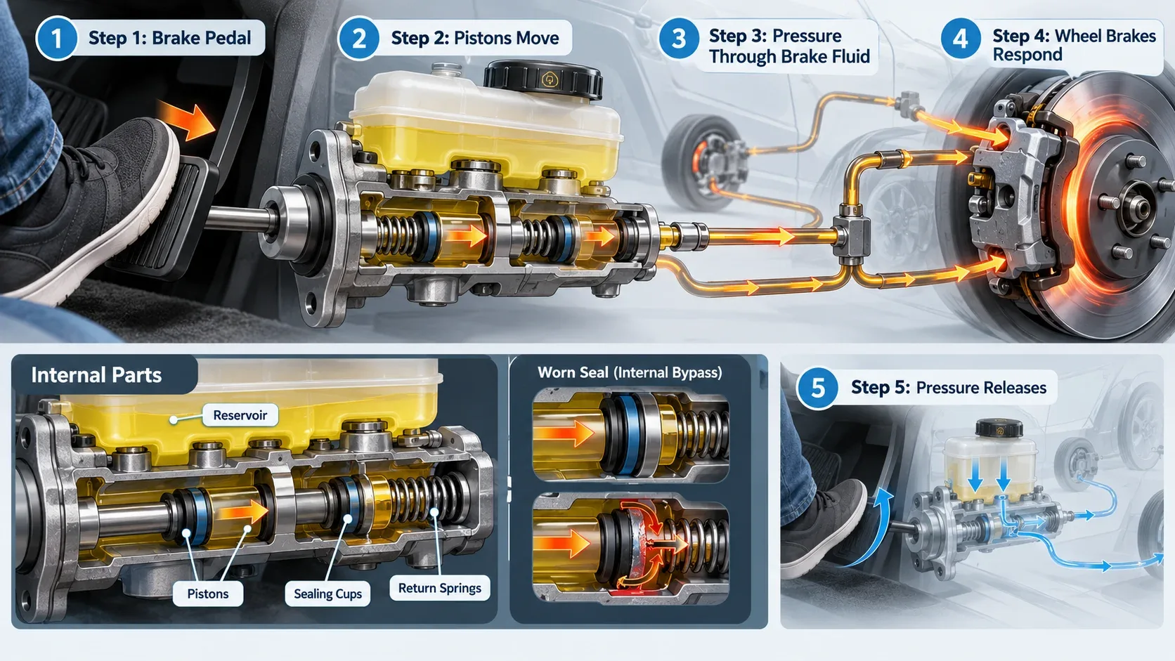 Tandem brake master cylinder cutaway showing pistons seals pressure and wheel brakes