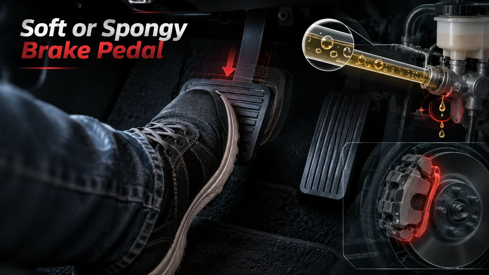 Soft or spongy brake pedal and air bubbles within hydraulic brake fluid