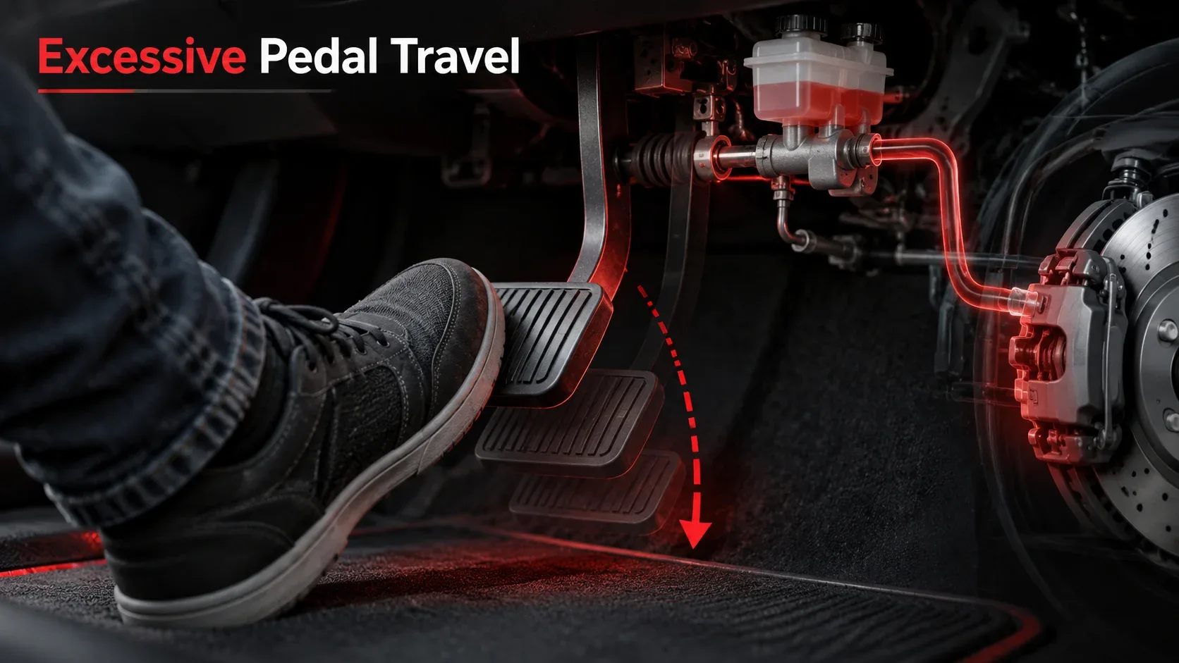 Excessive brake pedal travel with unusually deep pedal movement