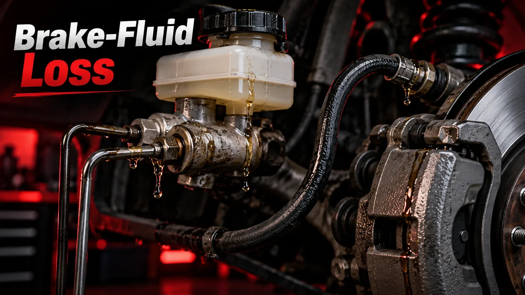 Brake fluid loss caused by hydraulic leakage at master cylinder and brake hose
