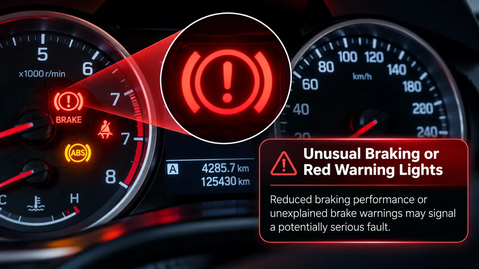 Red brake warning light displayed on vehicle dashboard