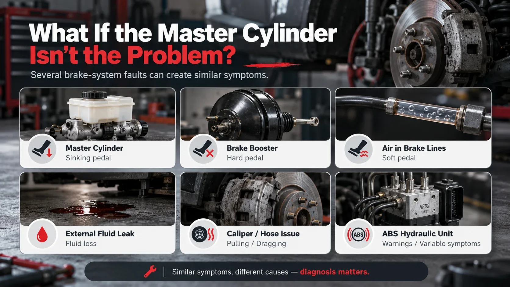 Brake system faults comparison including master cylinder booster fluid leaks and ABS hydraulic unit
