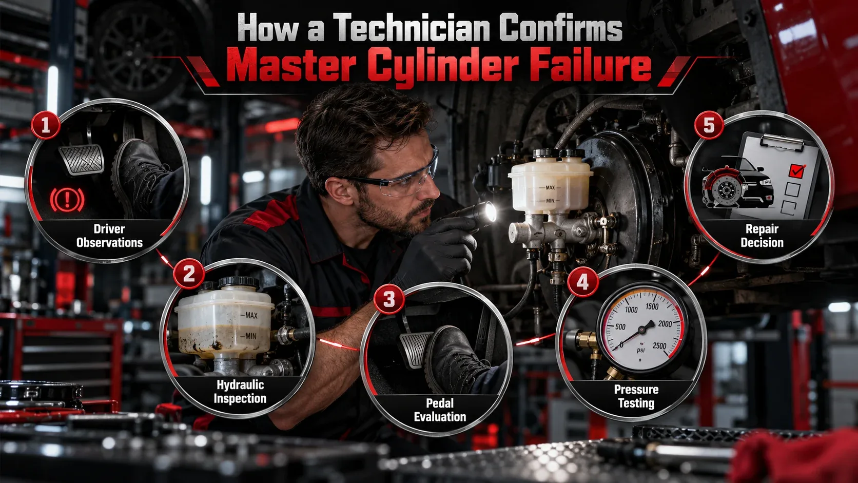 Professional technician checking master cylinder and conducting brake hydraulic testing