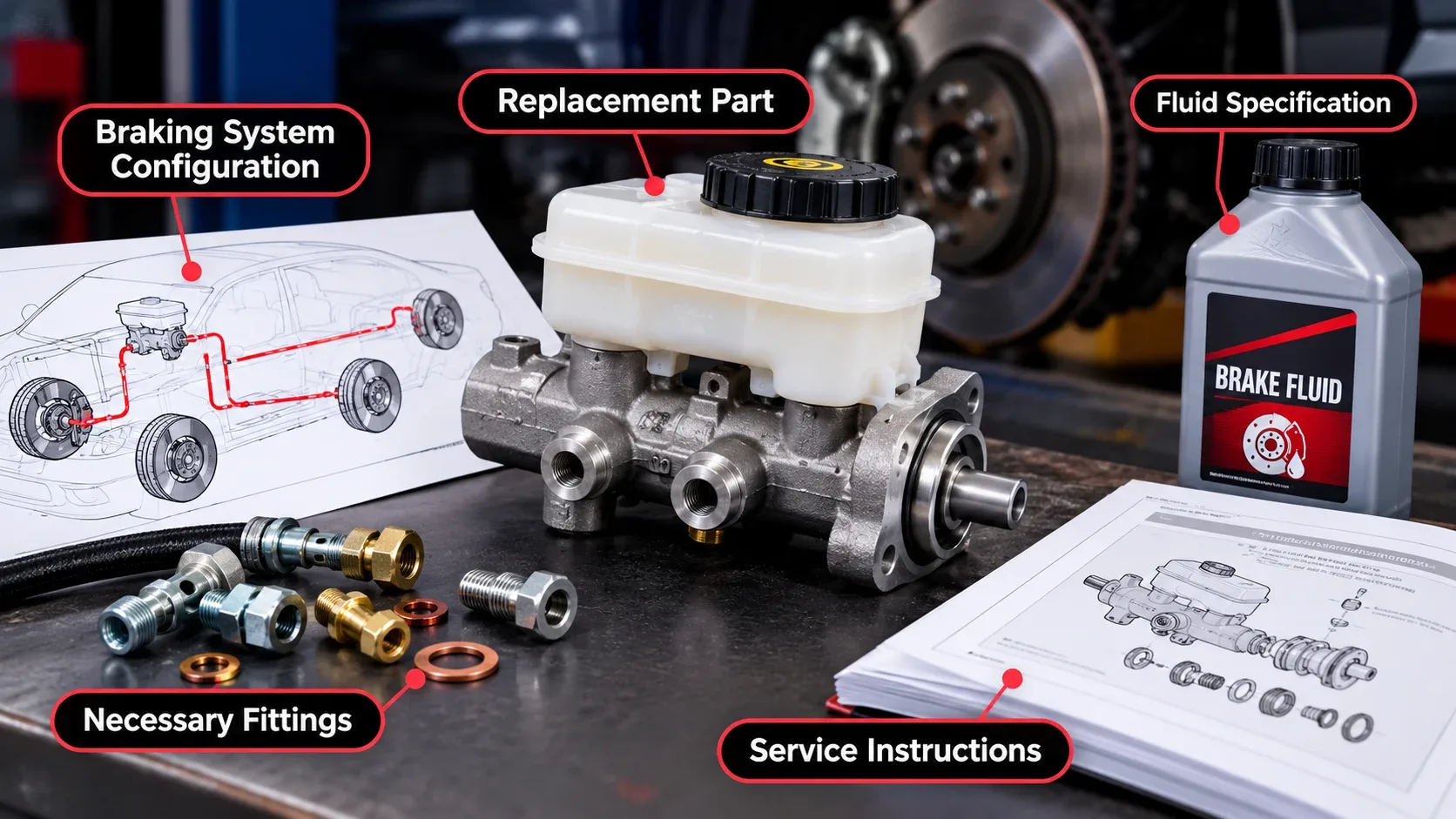 Master cylinder replacement preparation showing correct fittings brake fluid and service manual
