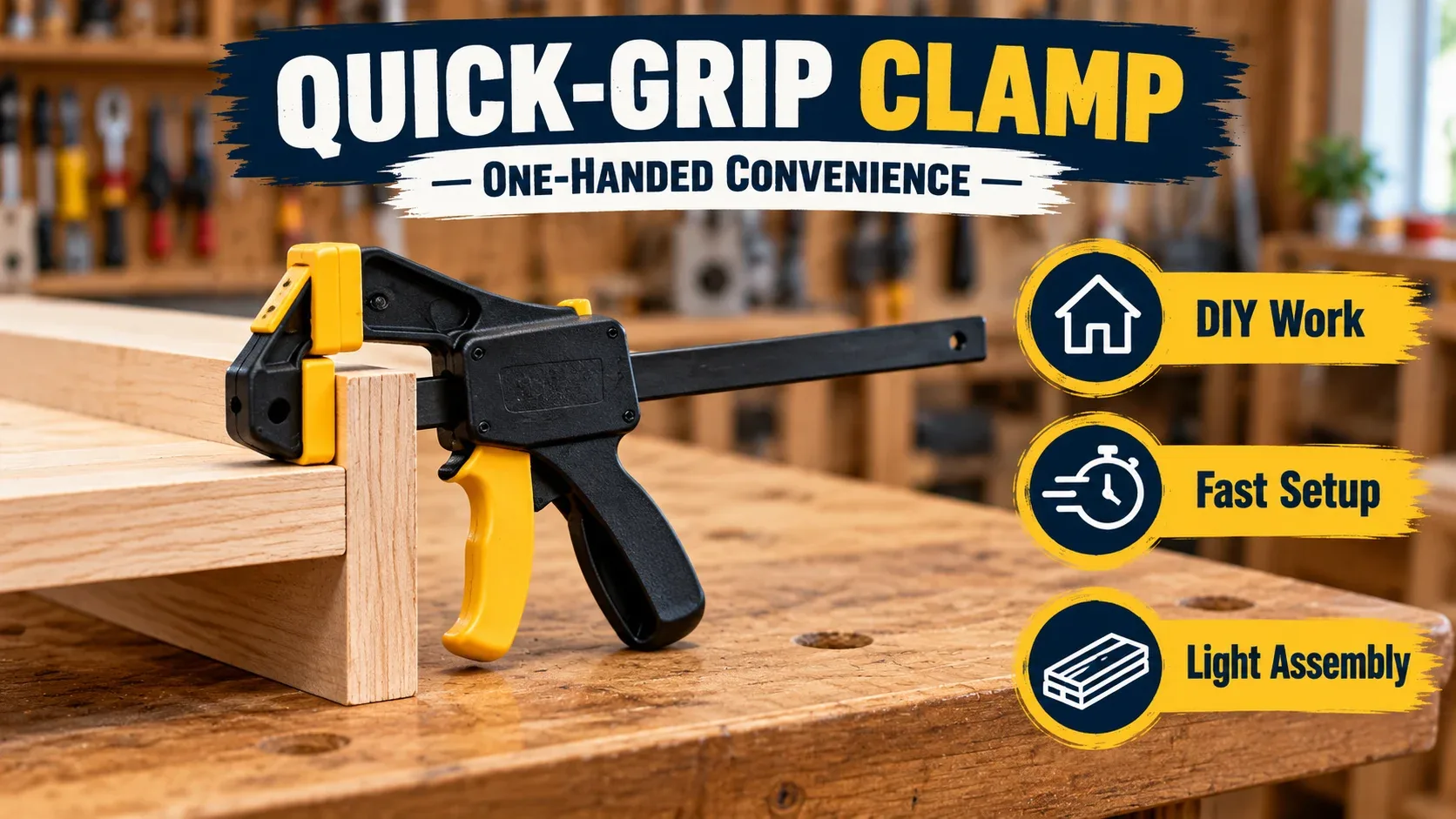 Quick grip clamp for one handed DIY work fast setup and light assembly