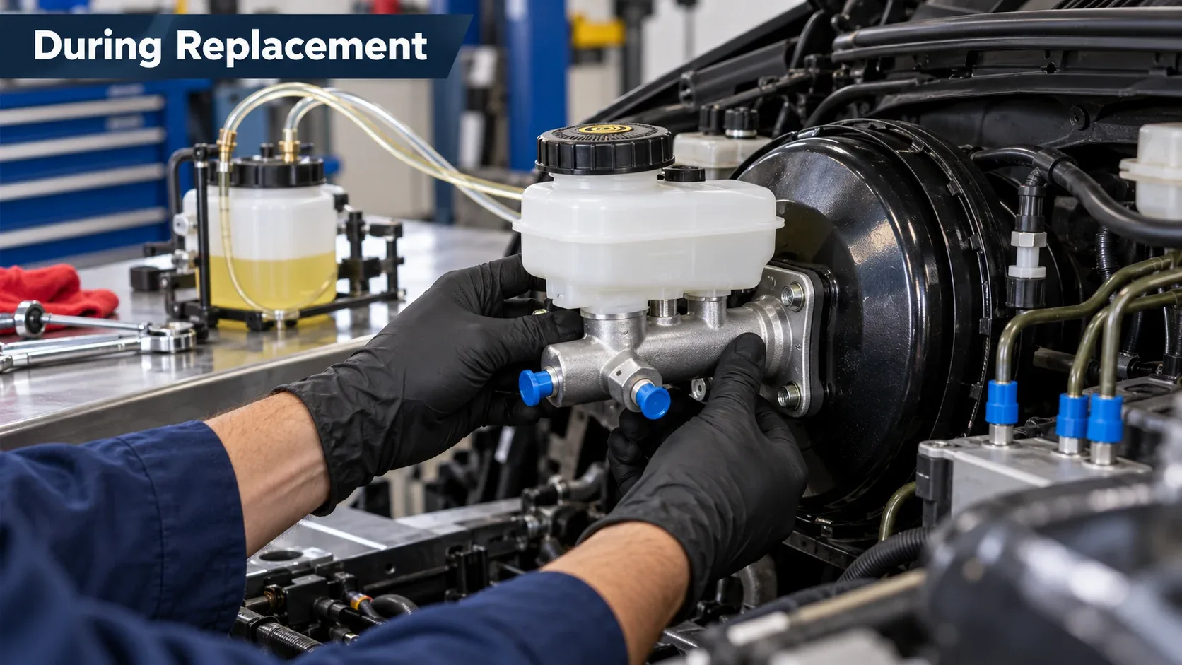 Professional mechanic installing a replacement brake master cylinder