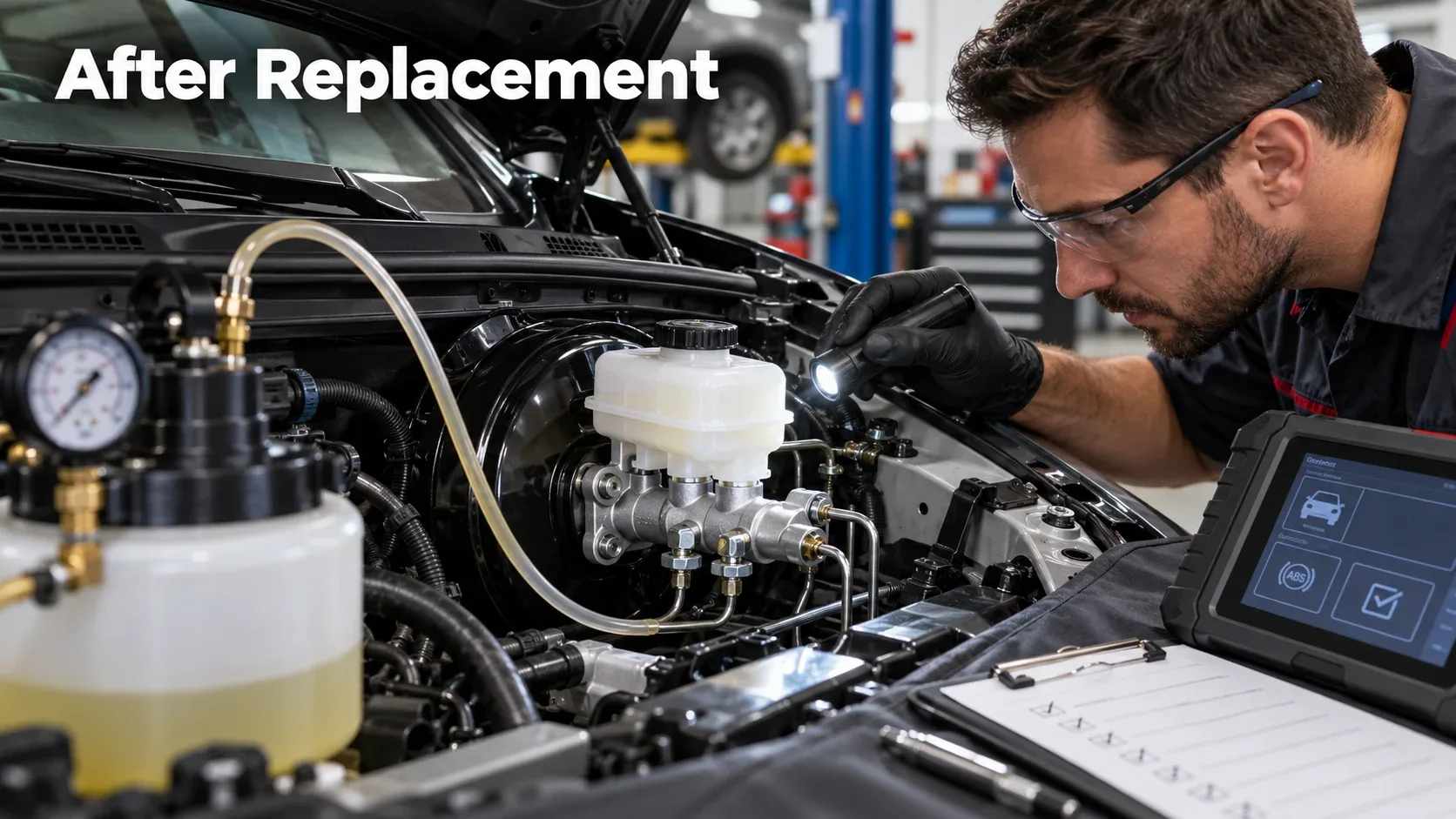 Technician checking newly replaced master cylinder and hydraulic braking system