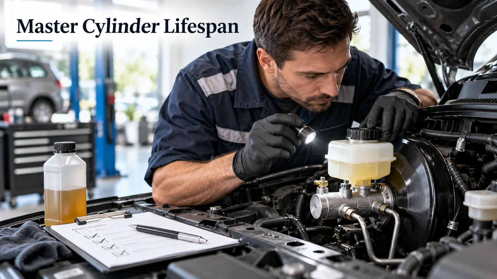 Mechanic inspecting master cylinder fluid reservoir and brake components during maintenance