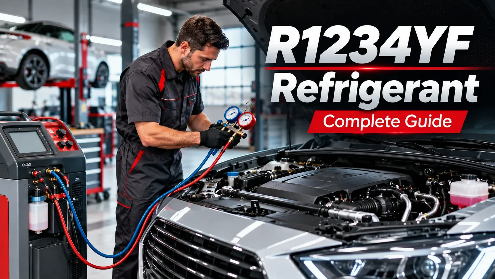 R1234yf refrigerant complete guide showing automotive AC technician servicing car air conditioning