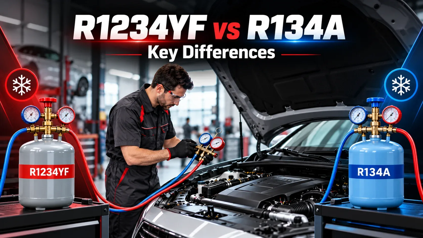 R1234yf vs R134a refrigerant comparison showing their differences in automotive air conditioning