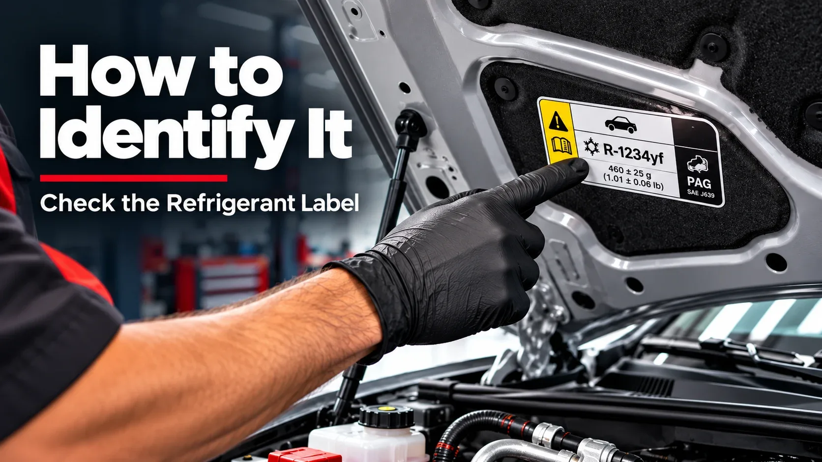 How to identify R1234yf refrigerant by checking the vehicle AC information label under the hood