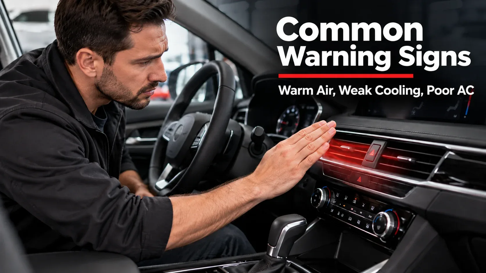 Common signs of car AC problems including warm air weak cooling and poor air conditioning performance