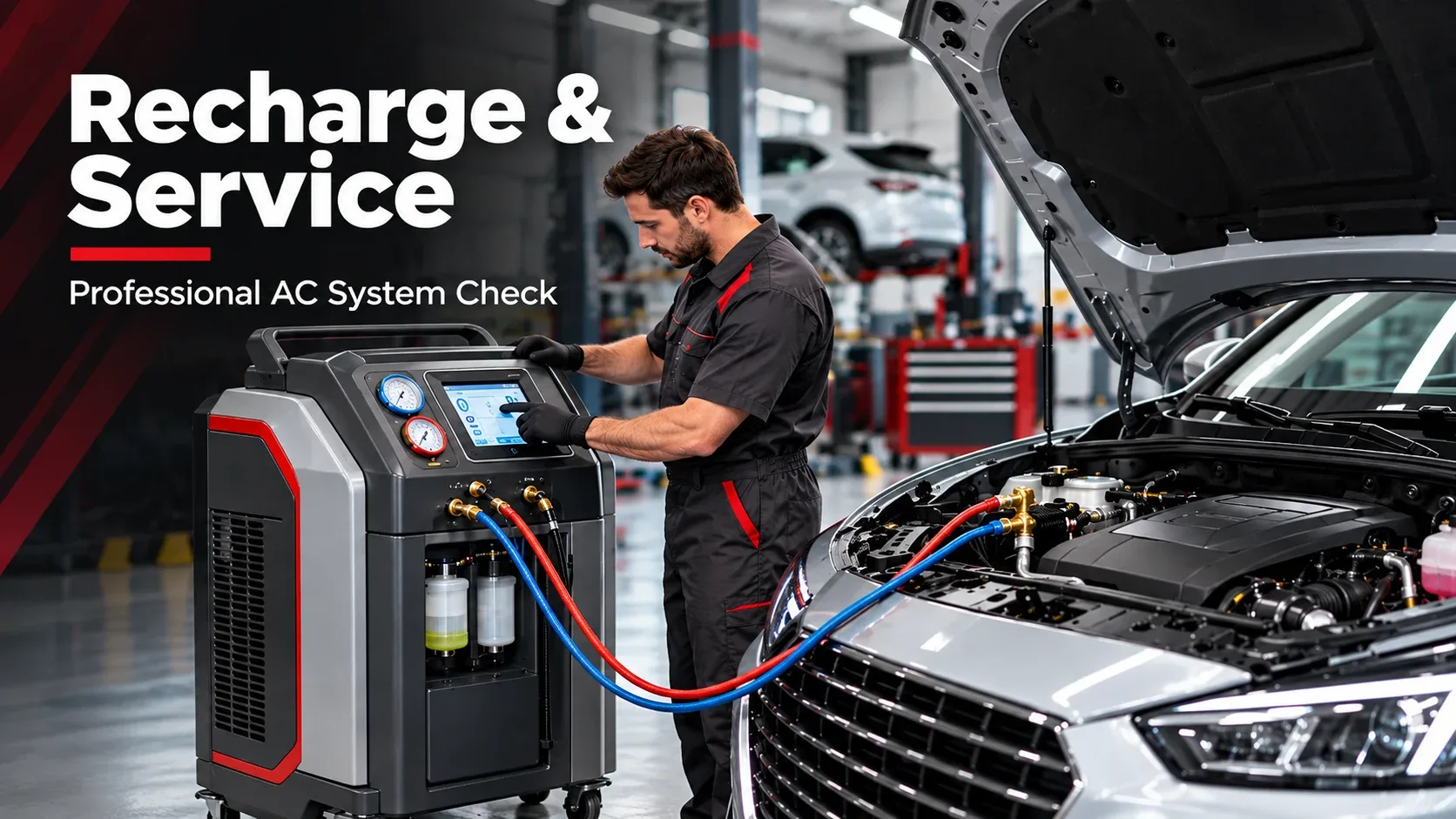 Professional R1234yf refrigerant recharge service using automotive AC recovery and charging equipment