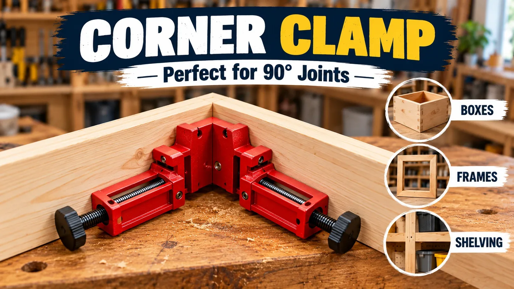 Corner clamp holding 90 degree joints for boxes frames shelving and woodworking assembly