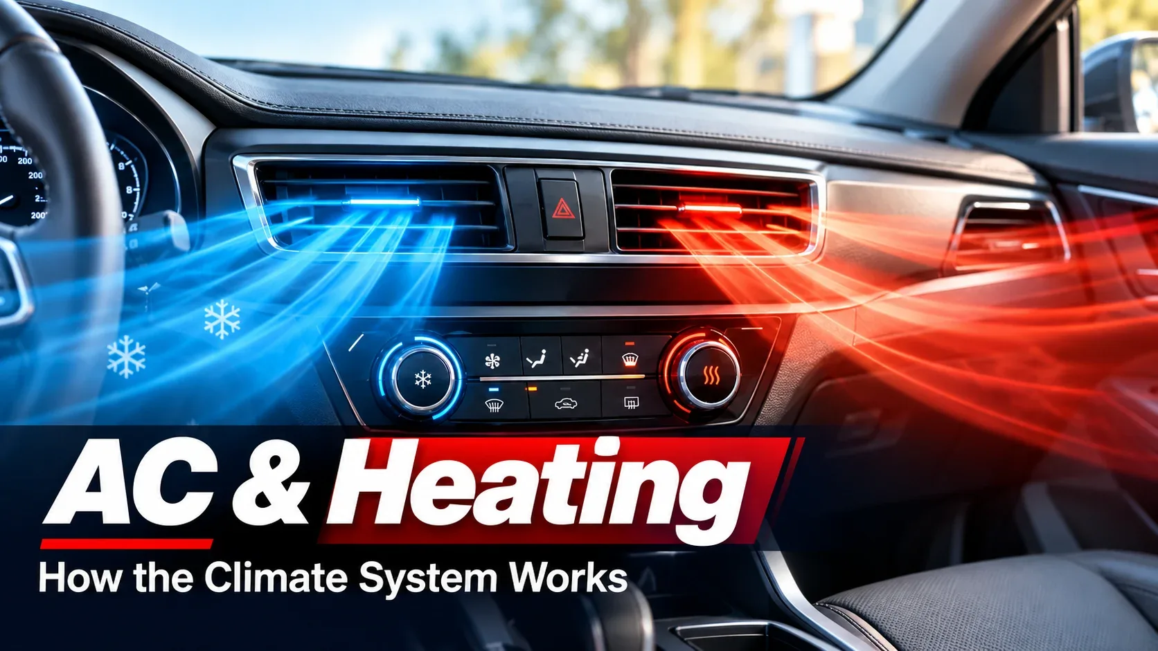 Car AC and heating system explained with blue cooling airflow and red warm air from dashboard vents