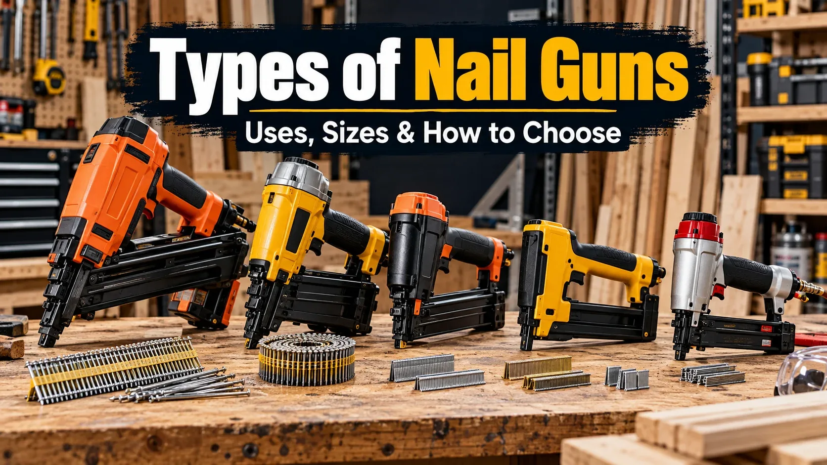 Types of nail guns including framing finish brad pin roofing siding flooring and palm nailers