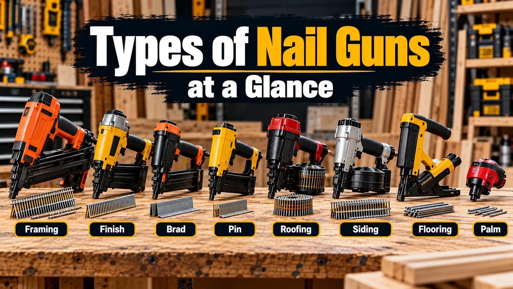 Types of nail guns at a glance with framing finish brad pin roofing siding flooring and palm nailers