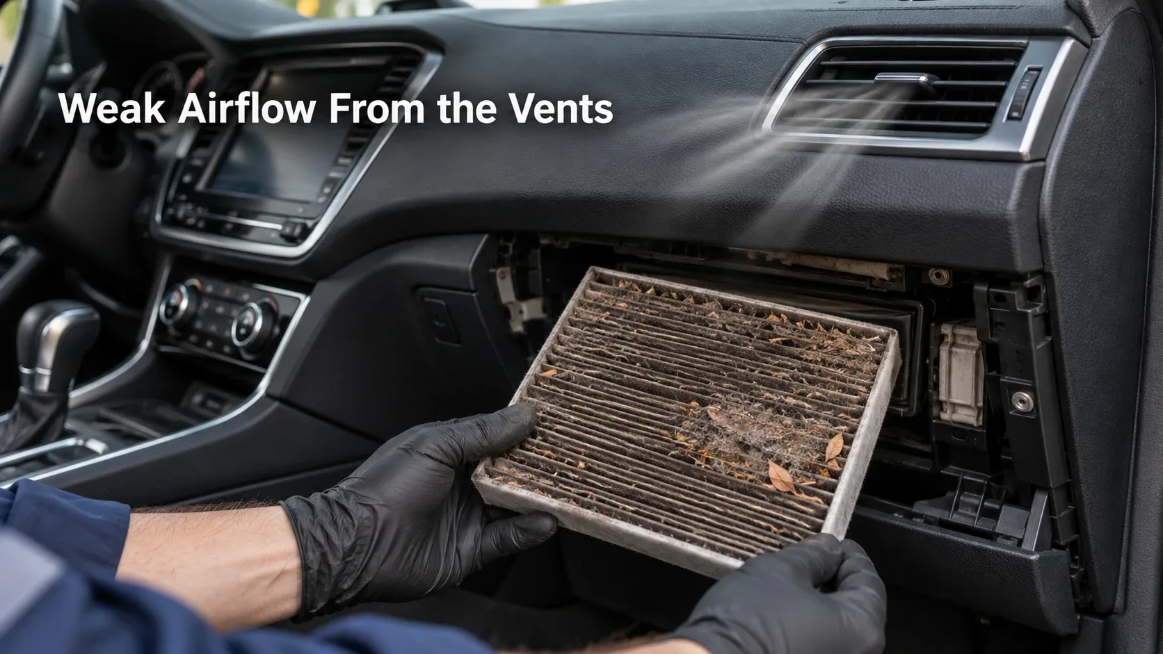Clogged cabin air filter causing weak airflow through car vents