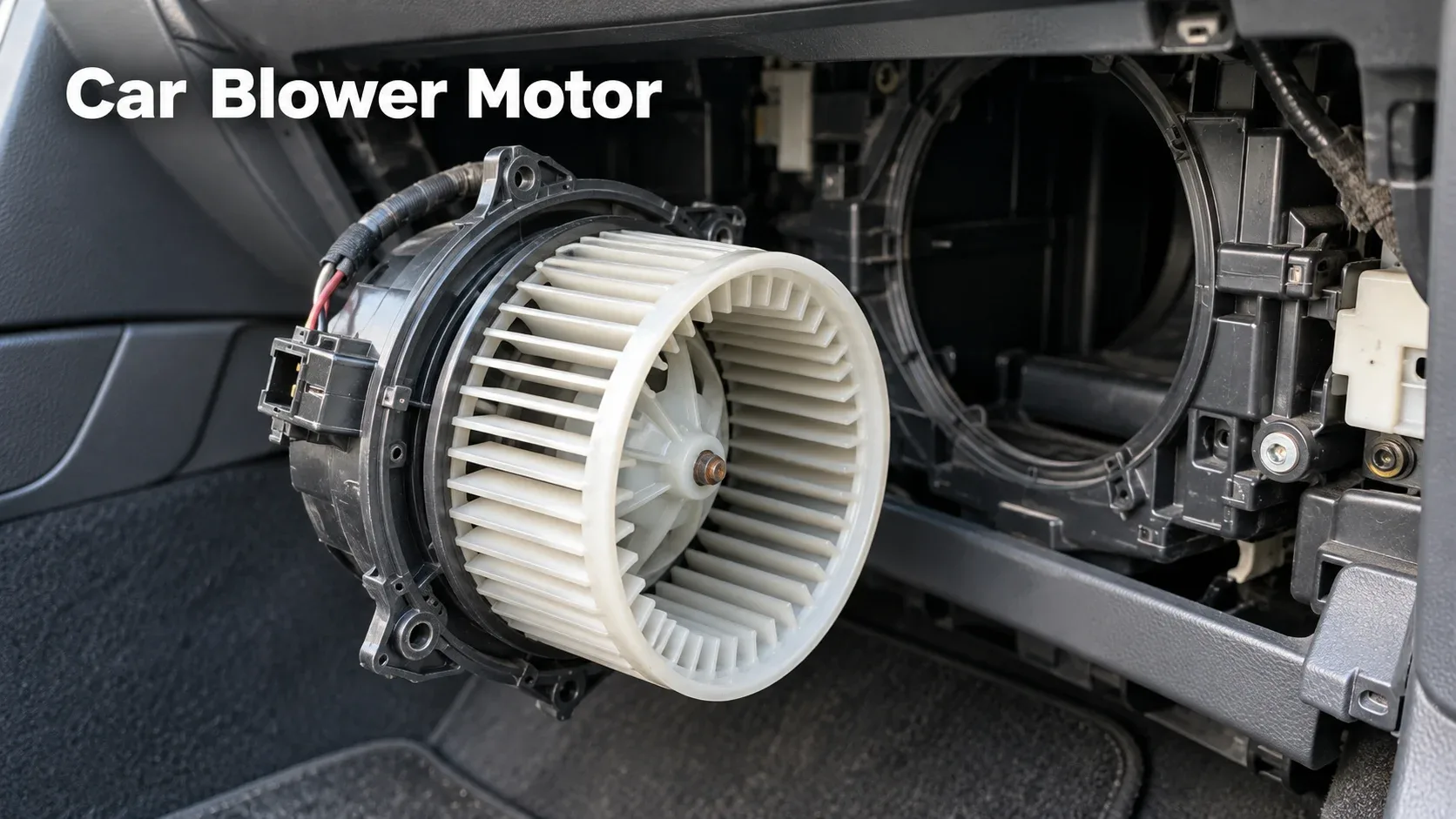 Car HVAC blower motor and squirrel cage fan beneath dashboard