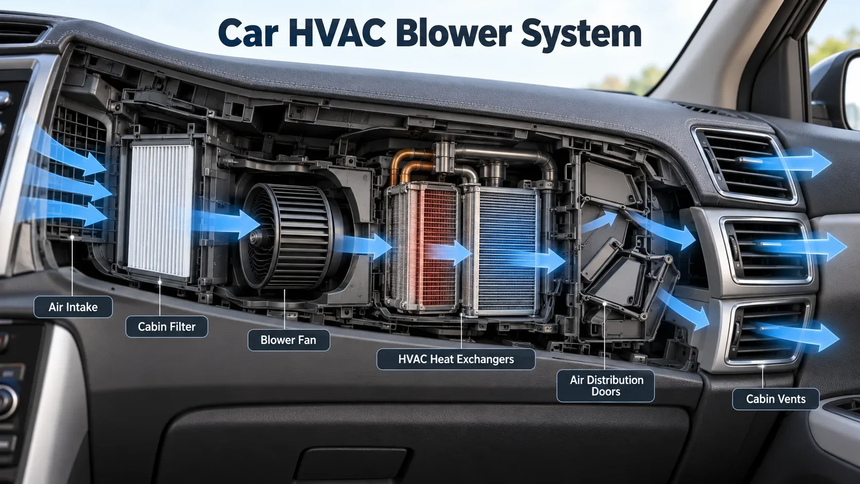 Car HVAC airflow path showing air intake cabin filter blower fan heat exchangers and cabin vents