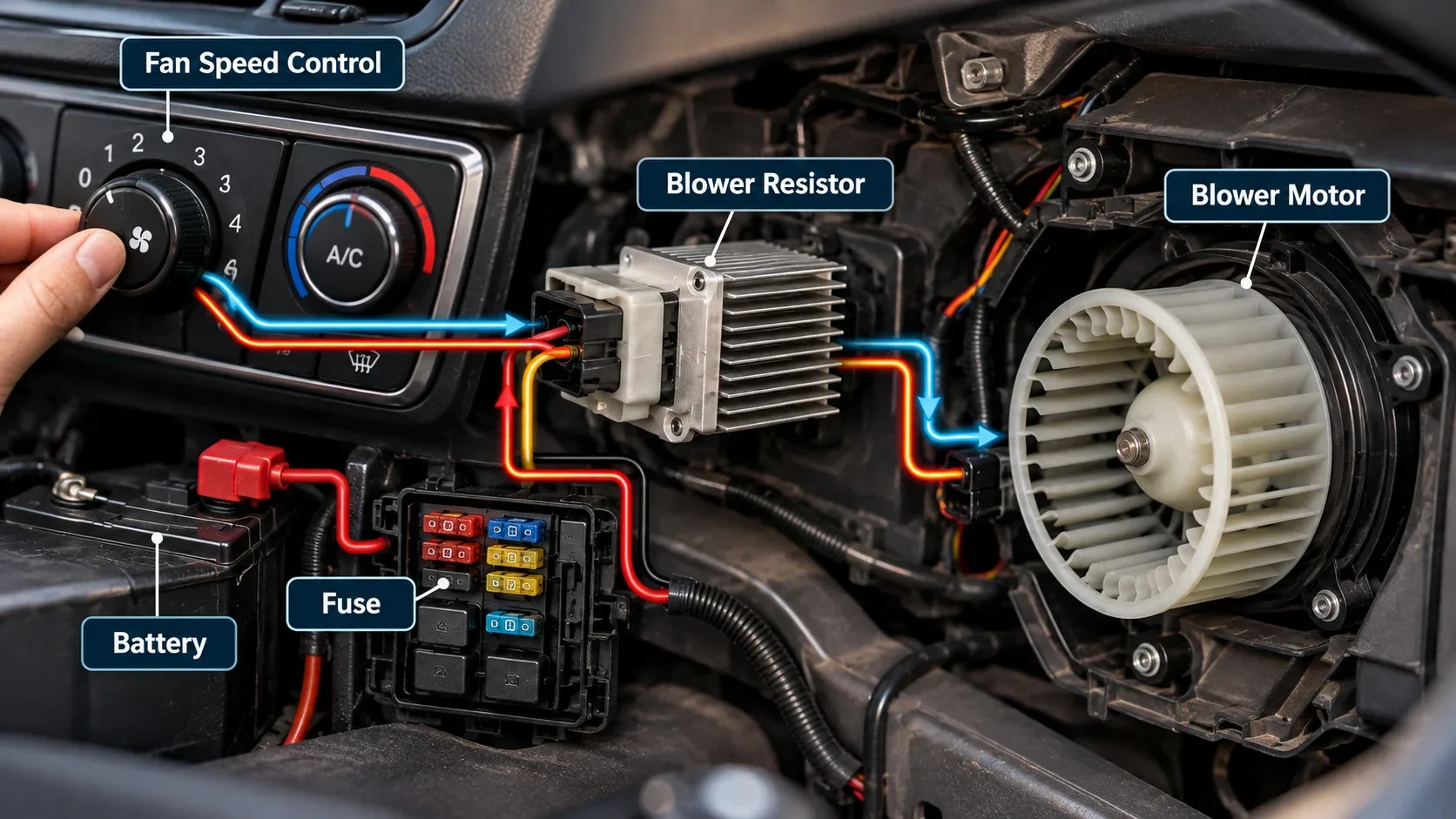 Car blower motor electrical control system including fan speed switch resistor fuse and motor