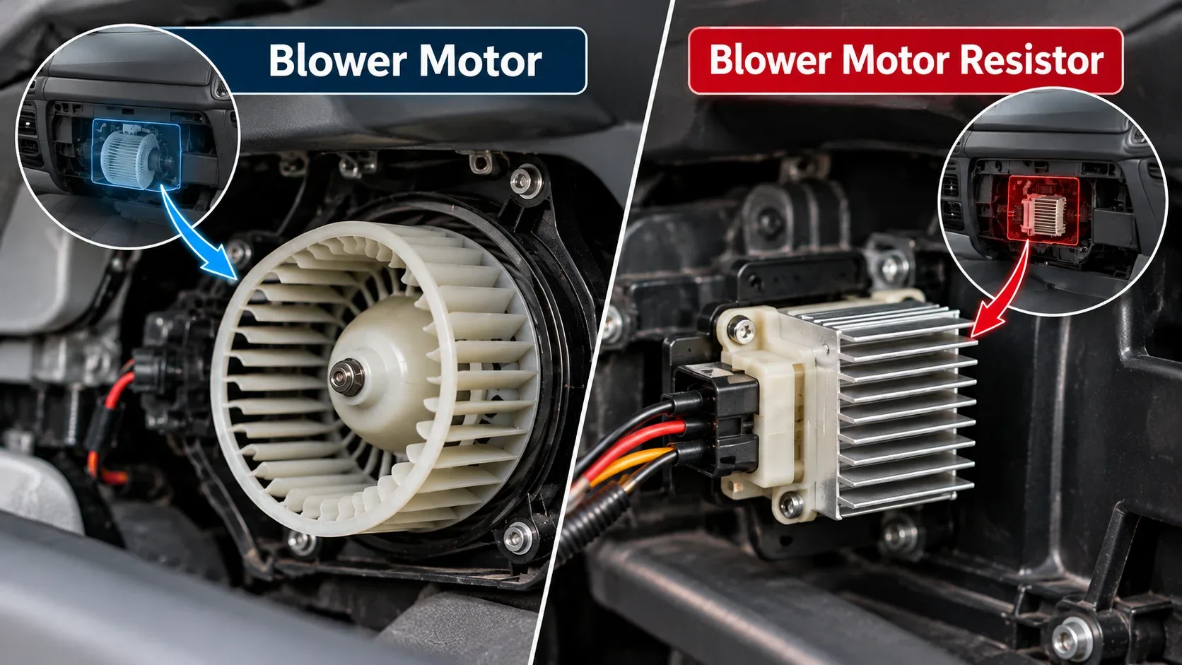Comparison between a car blower motor and blower motor resistor