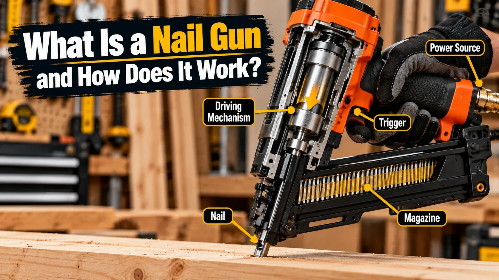 How a nail gun works showing power source trigger driving mechanism magazine and nail