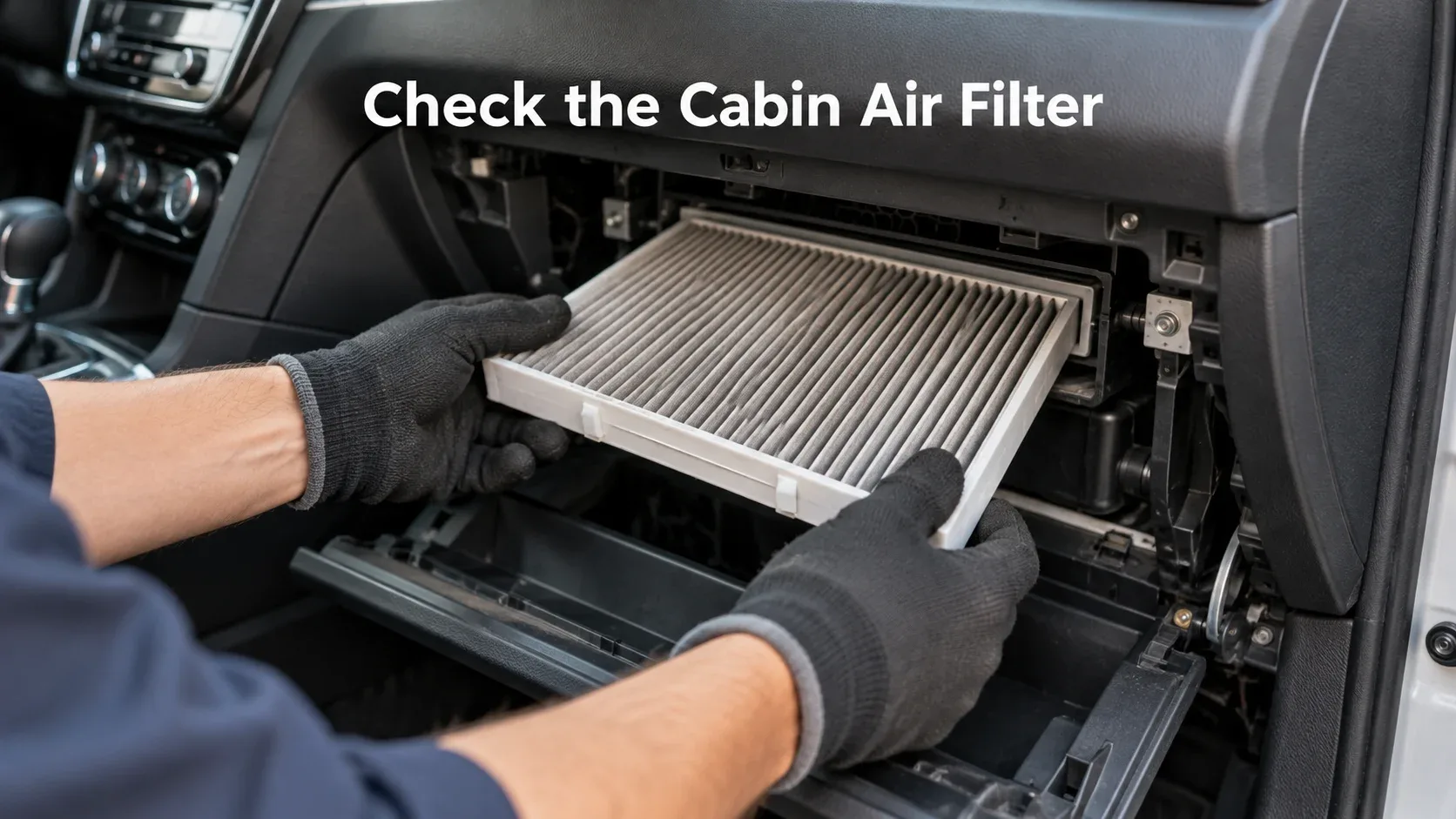 Mechanic checking the cabin air filter behind a vehicle glove compartment