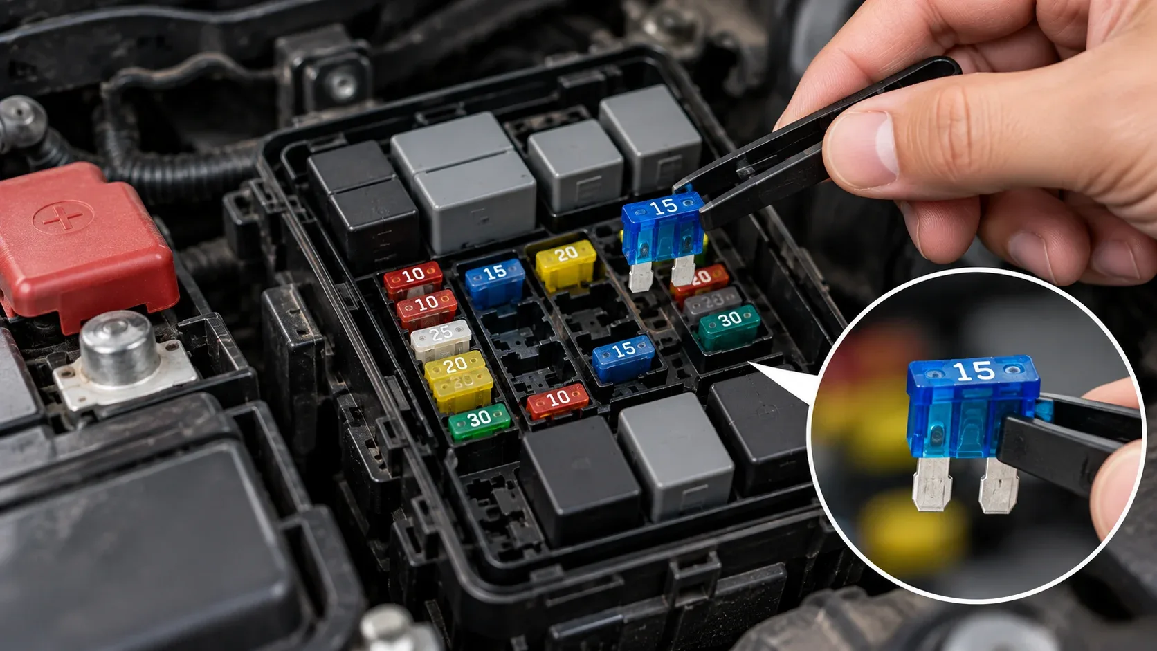 Inspecting an automotive fuse in a car fuse box
