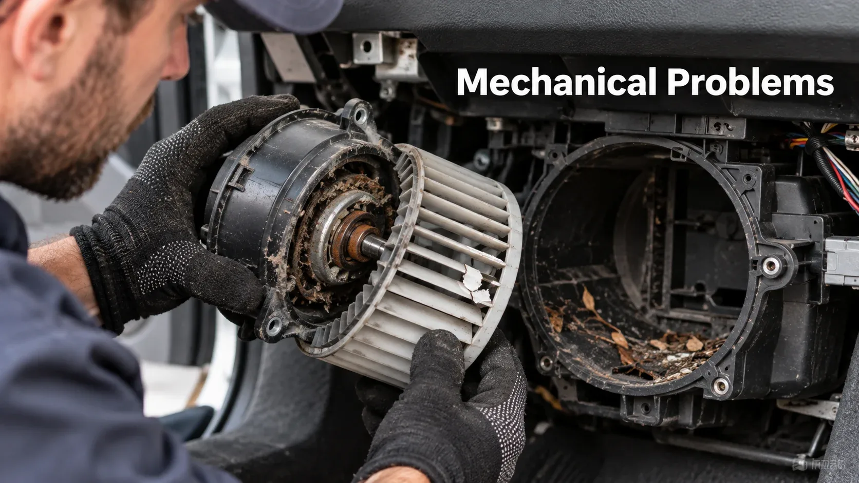 Mechanic inspecting car HVAC blower fan for mechanical damage and debris