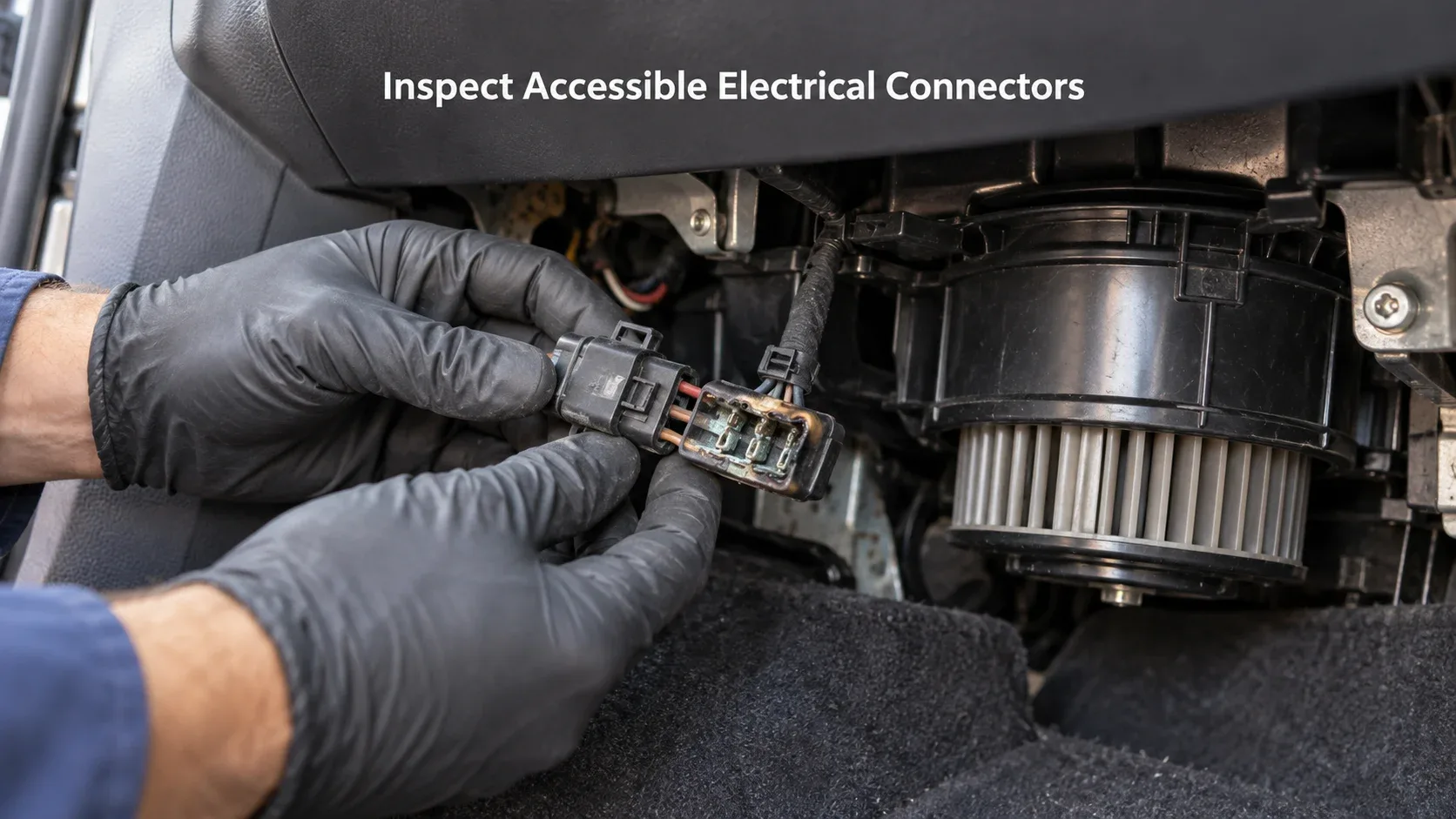 Inspecting damaged electrical connectors near a vehicle blower motor