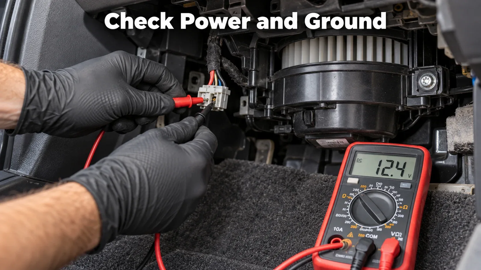 Checking car blower motor power and ground with a digital multimeter