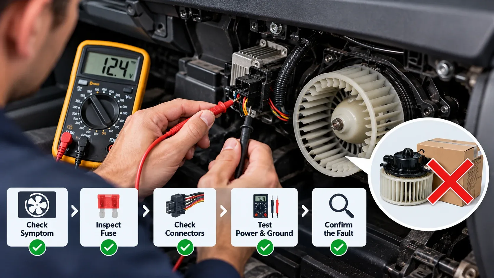 Testing the car blower motor circuit before purchasing replacement parts