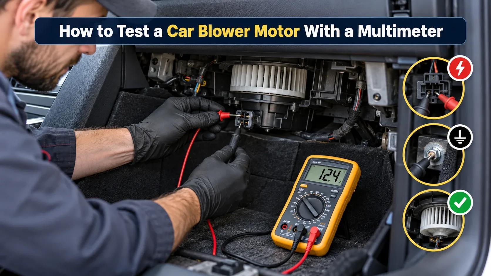 Mechanic testing a car HVAC blower motor electrical circuit with a digital multimeter