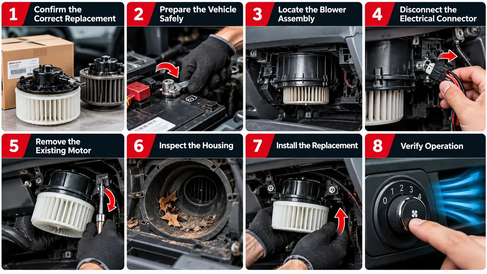 Eight steps for replacing a car HVAC blower motor