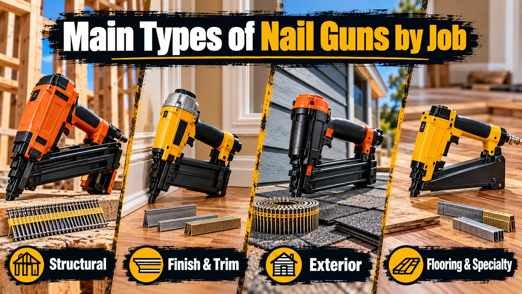 Main types of nail guns by job including structural finish trim exterior flooring and specialty nailers