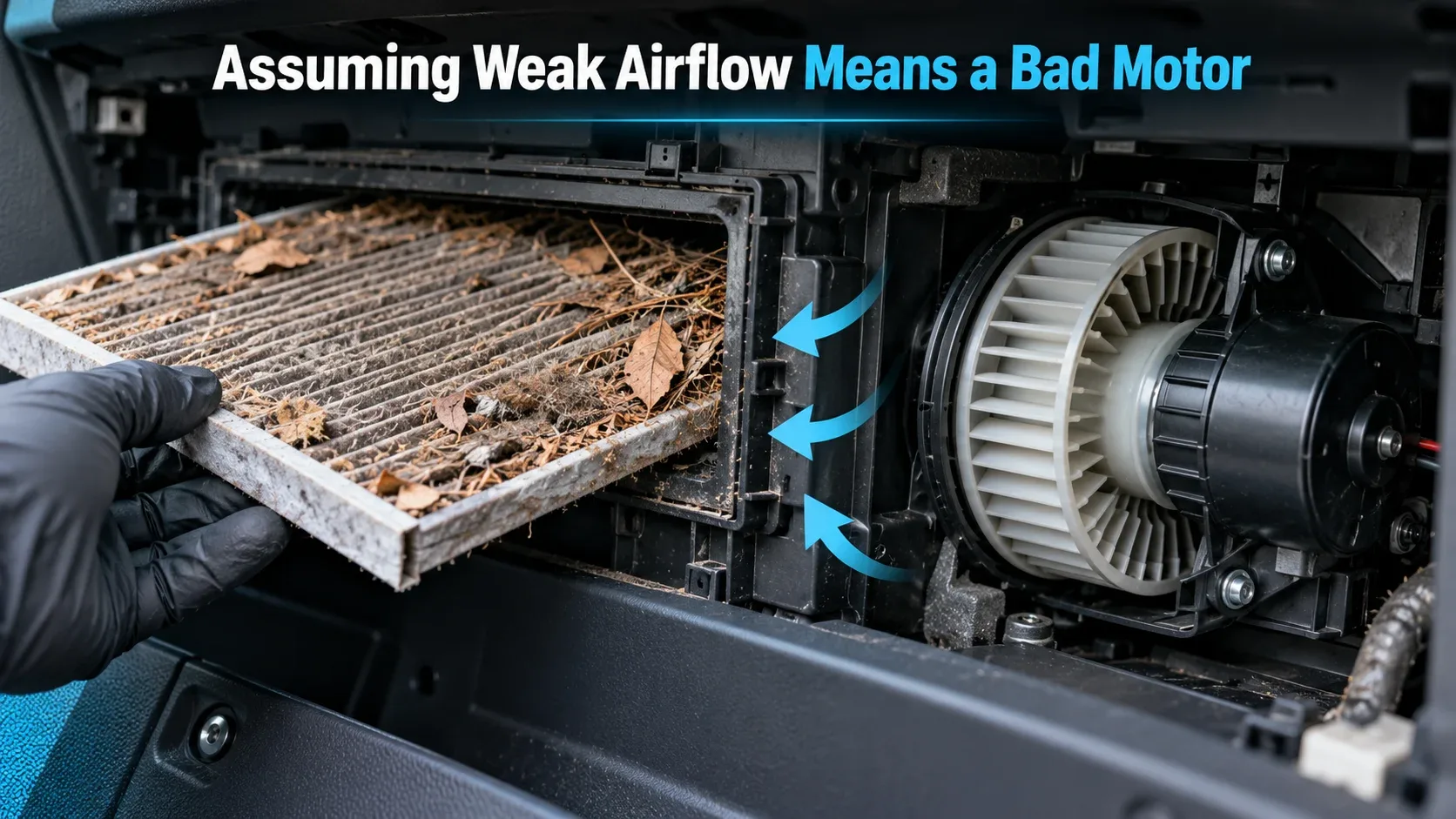Clogged cabin filter compared with car blower motor assembly