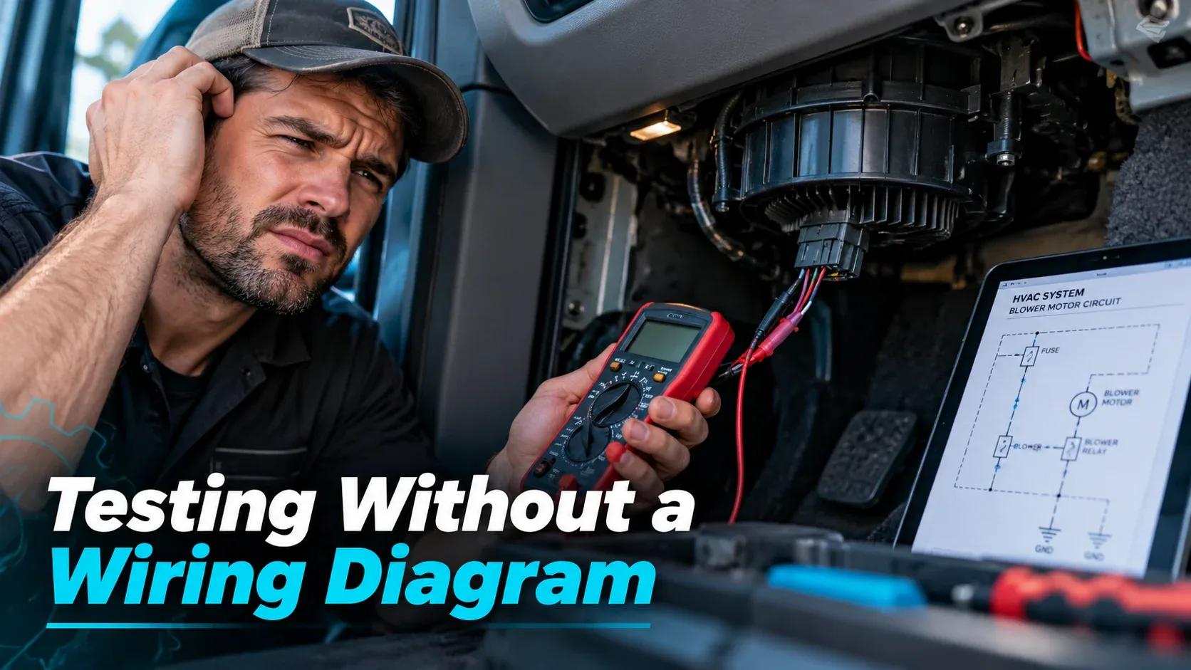 Mechanic using a multimeter and automotive blower motor wiring diagram