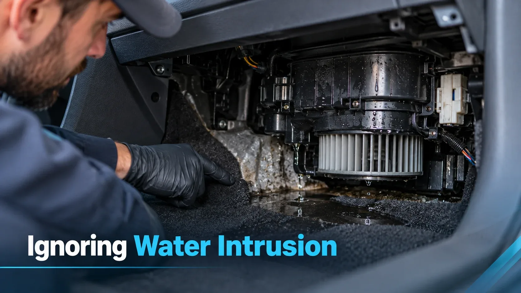 Water intrusion around automotive blower motor and passenger footwell