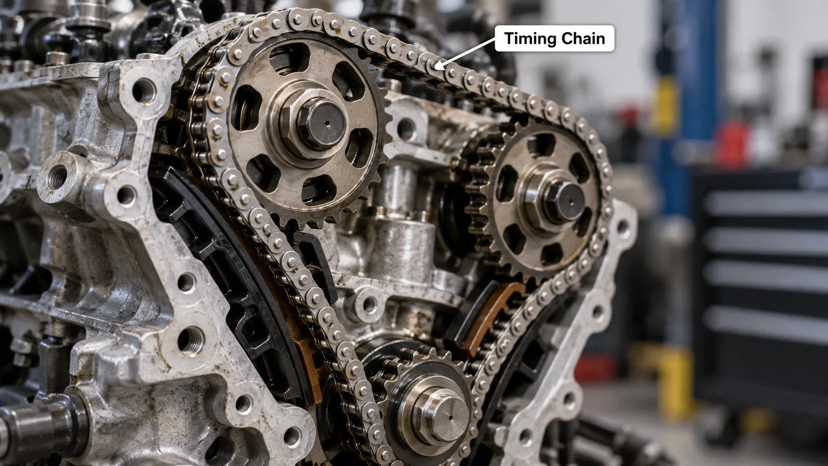 Metal timing chain installed on engine sprockets