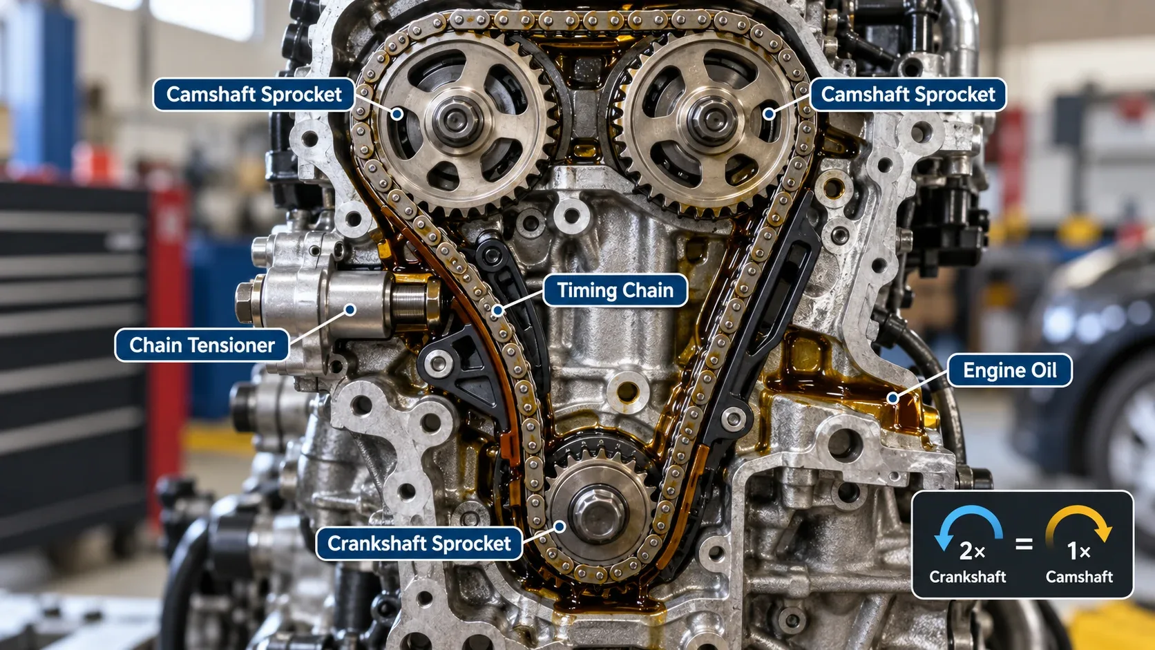 Engine timing chain connecting crankshaft and camshaft sprockets