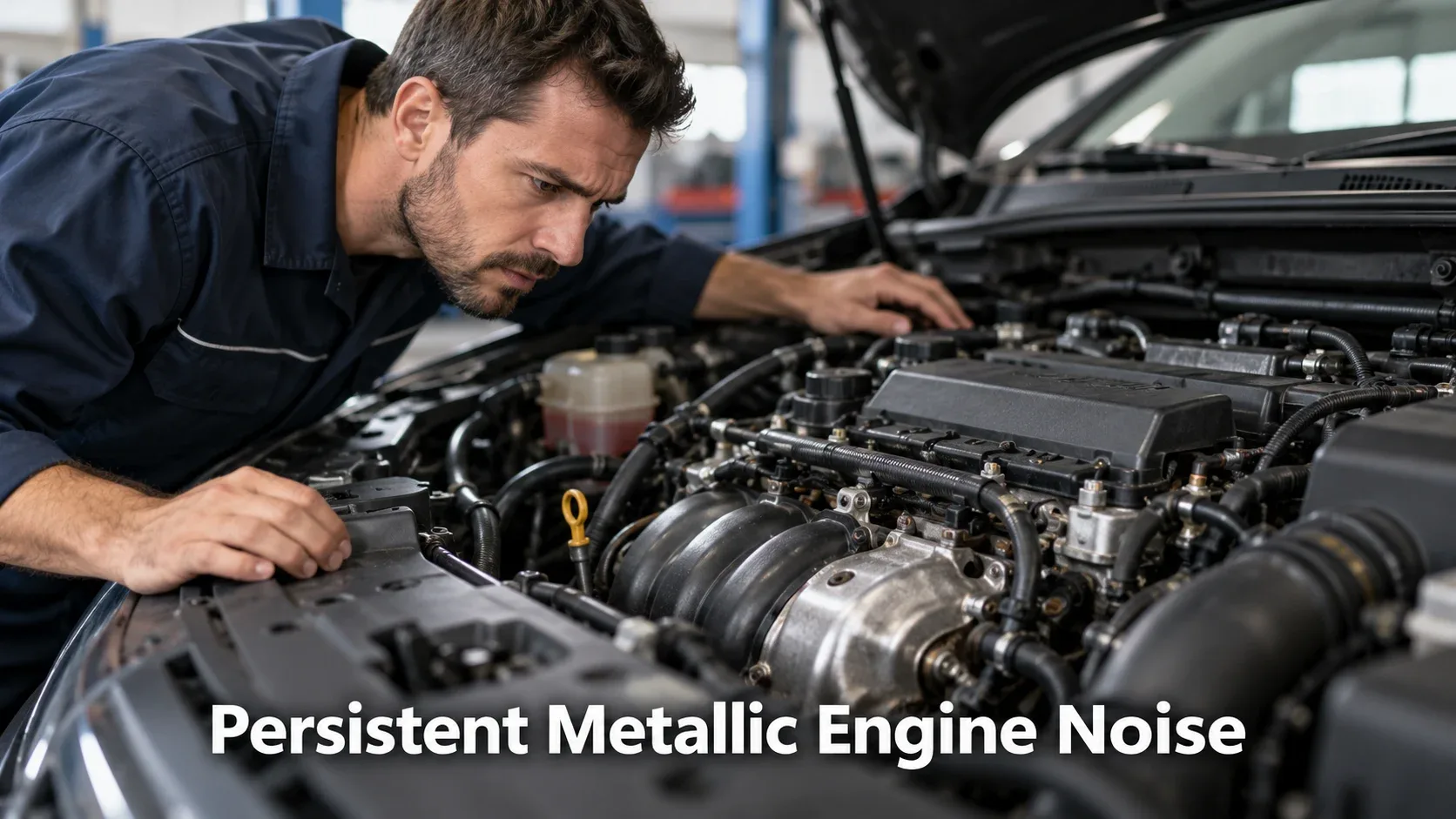 Mechanic diagnosing persistent metallic engine rattling