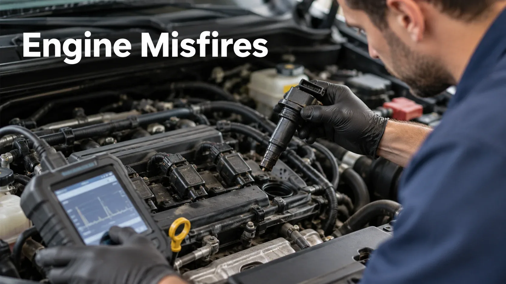 Automotive technician diagnosing engine misfires