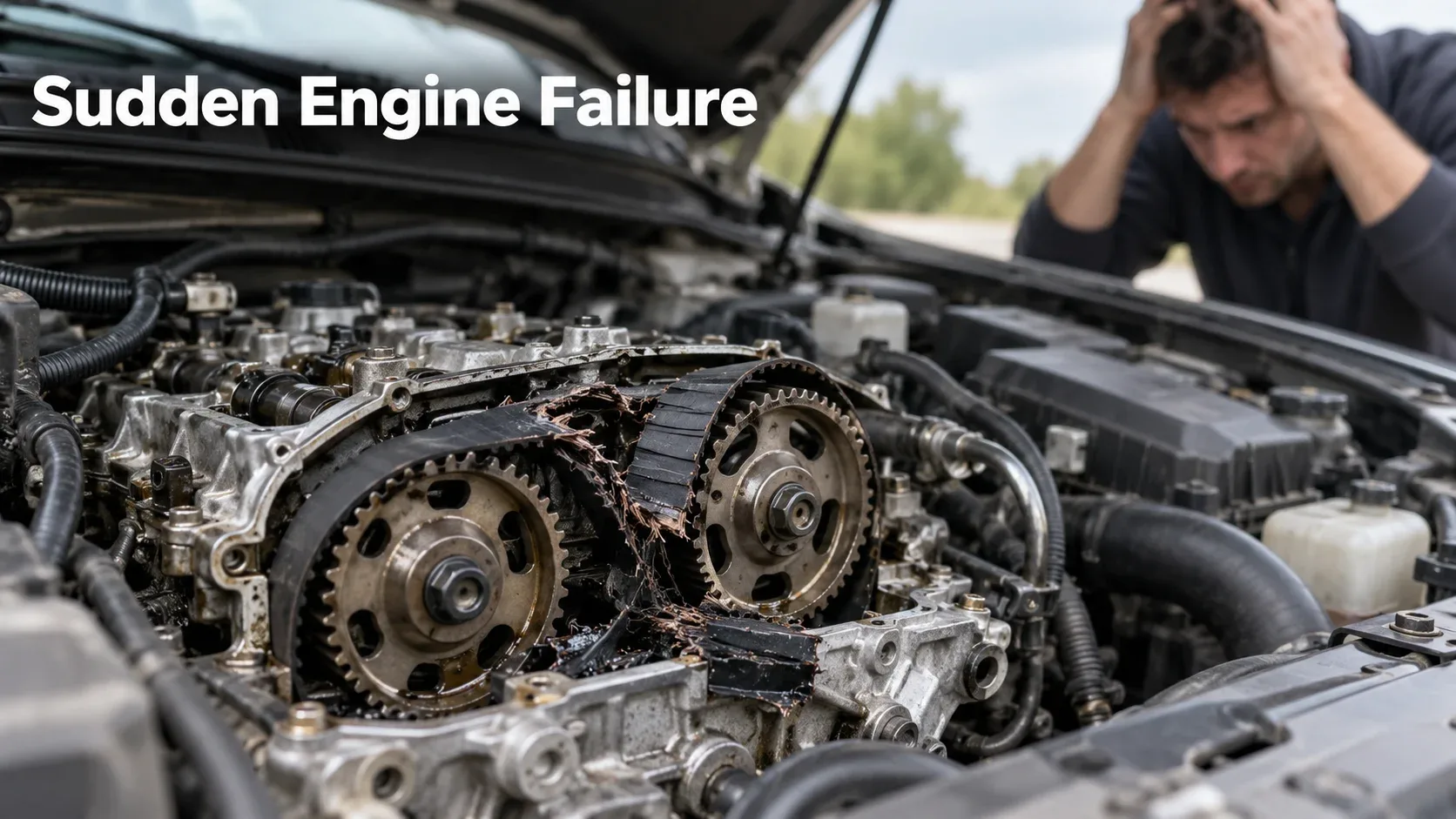 Illustration of severe timing drive damage and engine failure