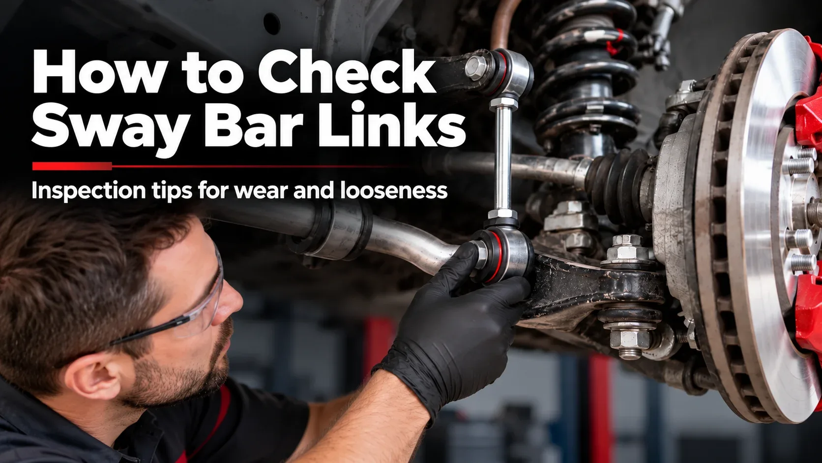 Mechanic checking sway bar links for looseness and wear