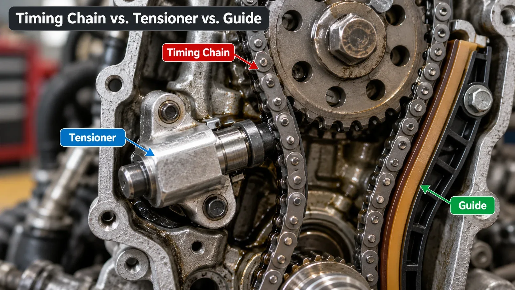 Timing chain, hydraulic tensioner and timing chain guide